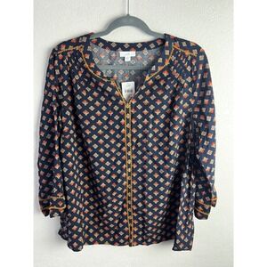 J.Jill Geometric Print Split Neck Blouse Size Medium Navy Yellow Boho Careerwear
